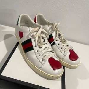Gucci Calfskin Ayers Web Heart Embroidered Womens Ace Sneakers 39 White